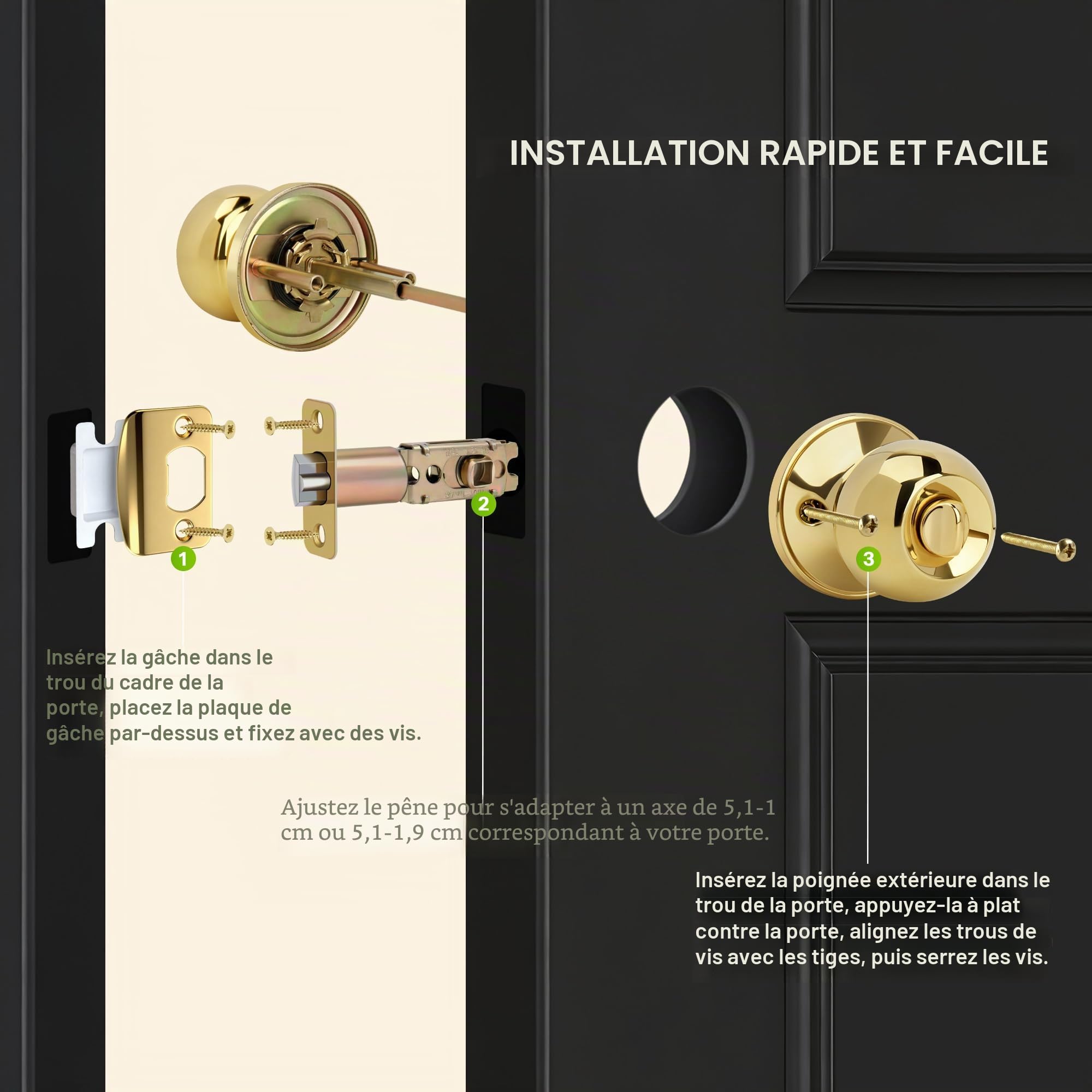 Bouton de porte en forme de boule avec clés et serrure, poignée de porte d'entrée à clé ronde pour portes d'entrée/d'entrée, finition laiton poli