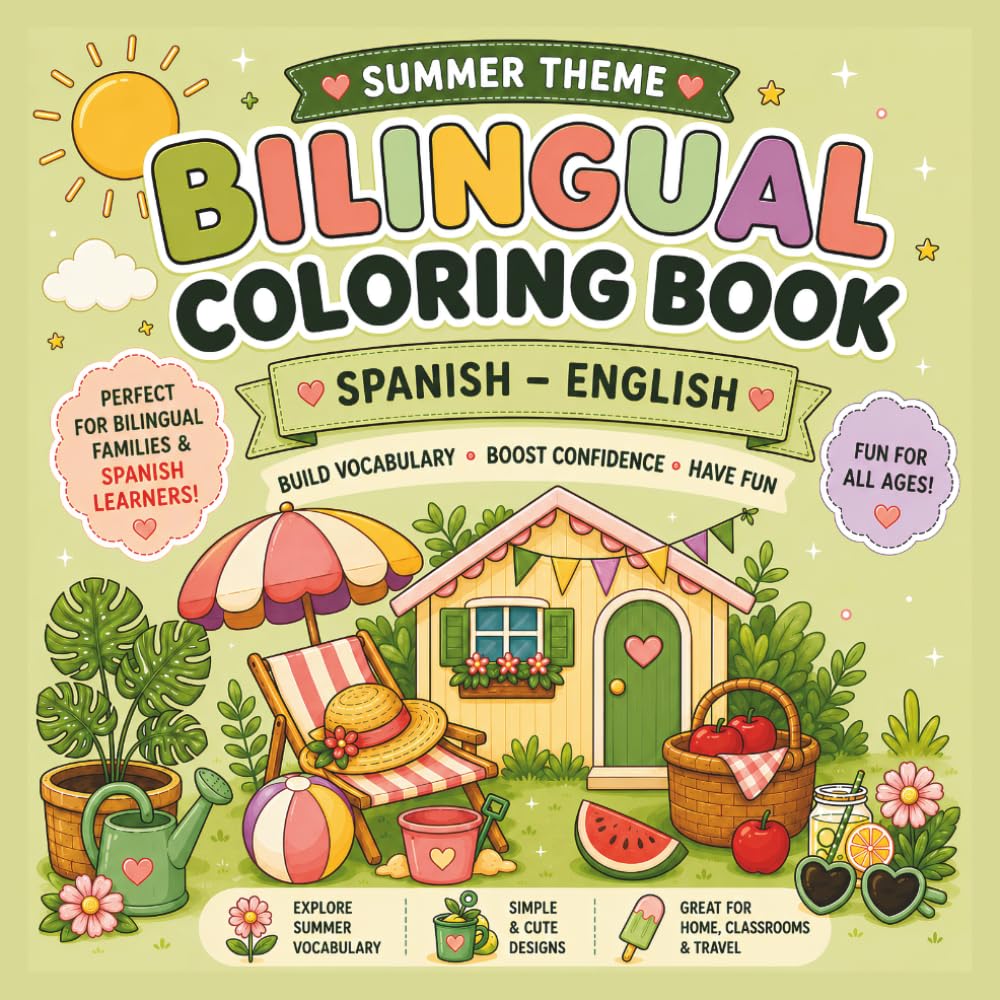 Summer Theme Bilingual Coloring Book: 50 Fun Spanish-English Vocabulary Coloring Pages for Language Learners