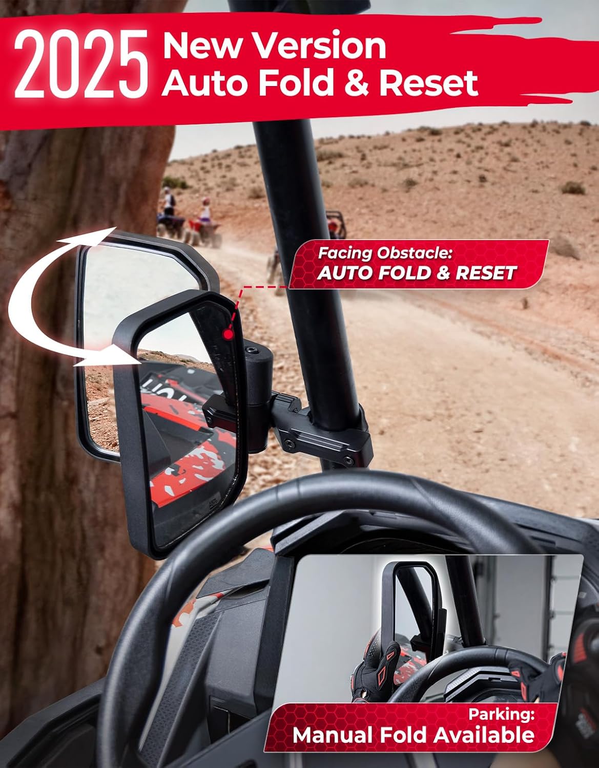 KEMIMOTO UTV Side Mirrors, Upgraded Auto Fold Reset Billet Aluminum Mount Adjustable Side Mirrors, Fit 1.65"-2" Roll Cage Compatible with Polaris RZR Can-Am X3 CFMOTO Pioneer Talon UTV Accessories