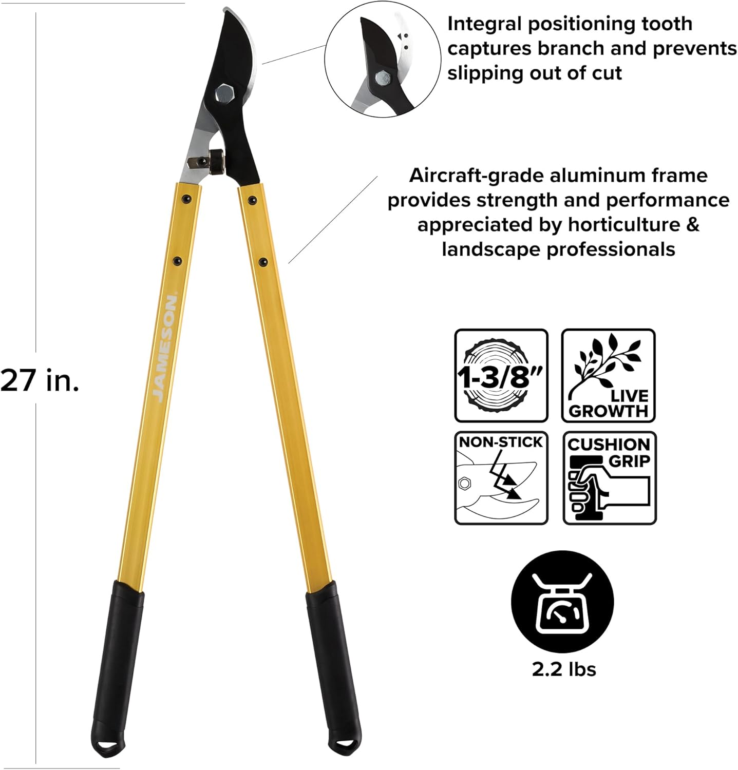 Jameson Professional 27" Bypass Lopper | 1-3/8" Cutting Capacity | Non-Stick Blade | Aircraft-Grade Aluminum Frame | Cushioned Grips | Gardening & Landscaping Tool