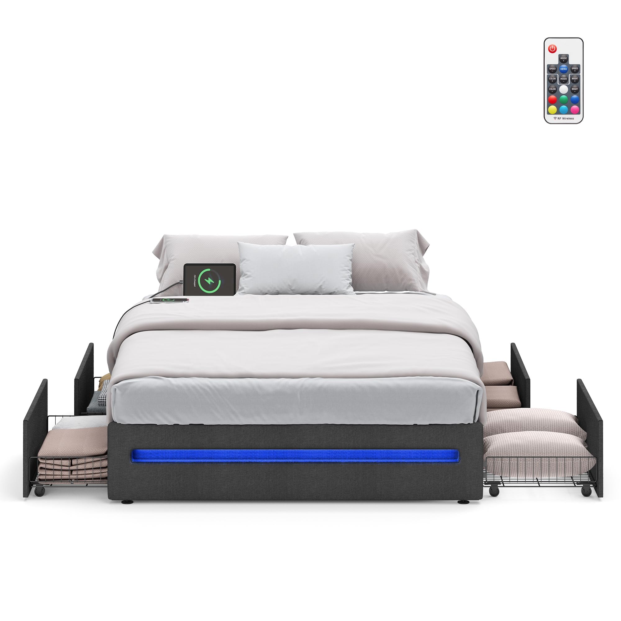 VASAGLE LED Bed Frame Queen Size with 4 Drawers and Charging Station, Queen Bed Frame with 1 USB Port and 1 Type C Port, Steel Slats, No Box Spring