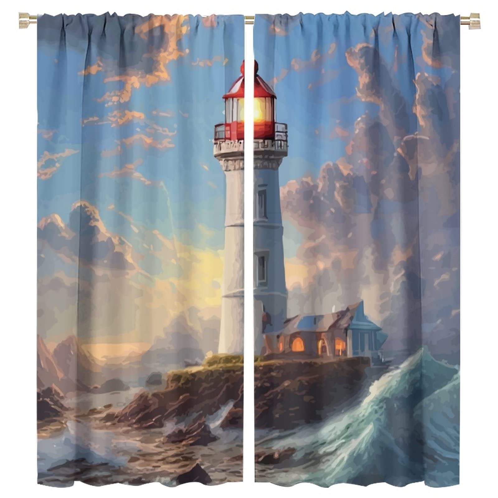 Lighthouse Curtain Oil Painting Sea Wave Lighthouse Blackout Print Rod Pocket Window Drapes for Bedroom Living Room 63x72in