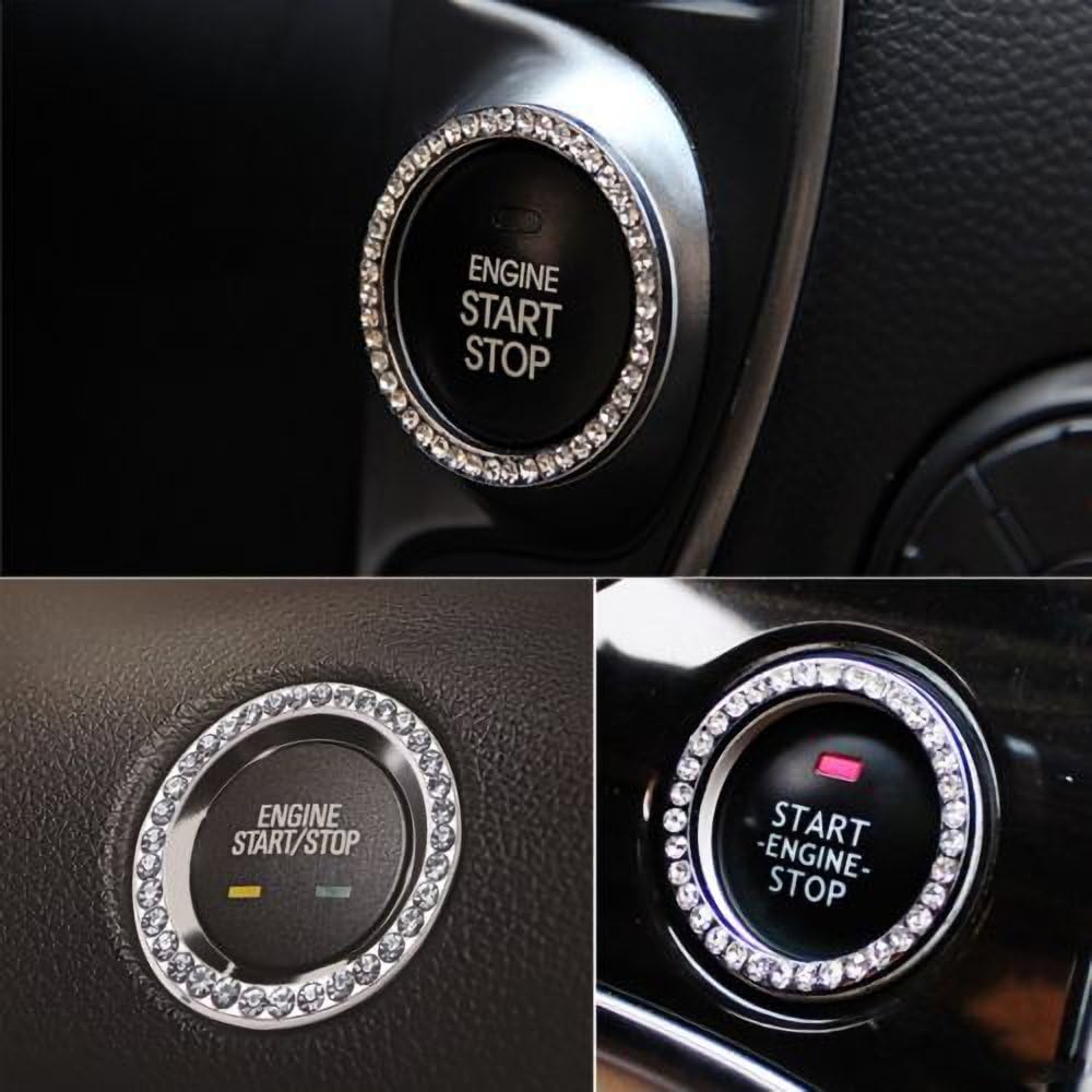 6 Pcs Car Crystal Rhinestone Ring, Bling Silver Sticker Emblem Ring, Sparkly Car Interior Accessory Decoration Ring for Auto Engine Ignition Button Key & Knobs, Unique Gift (Silver)