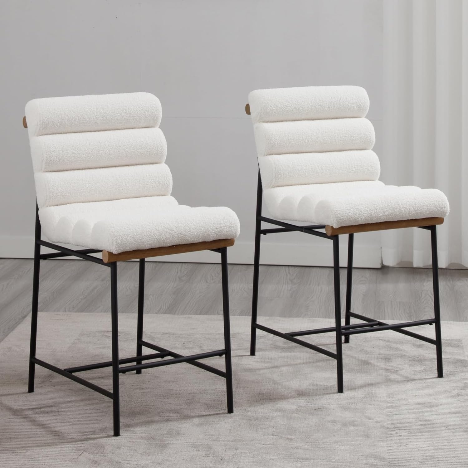 Bar Stools Set of 2, 25" Modern Sherpa Upholstered Counter Height Bar Stools with Back, Comfy Boucle Counter Stools with Black Metal Legs for Living Room Kitchen Island, White
