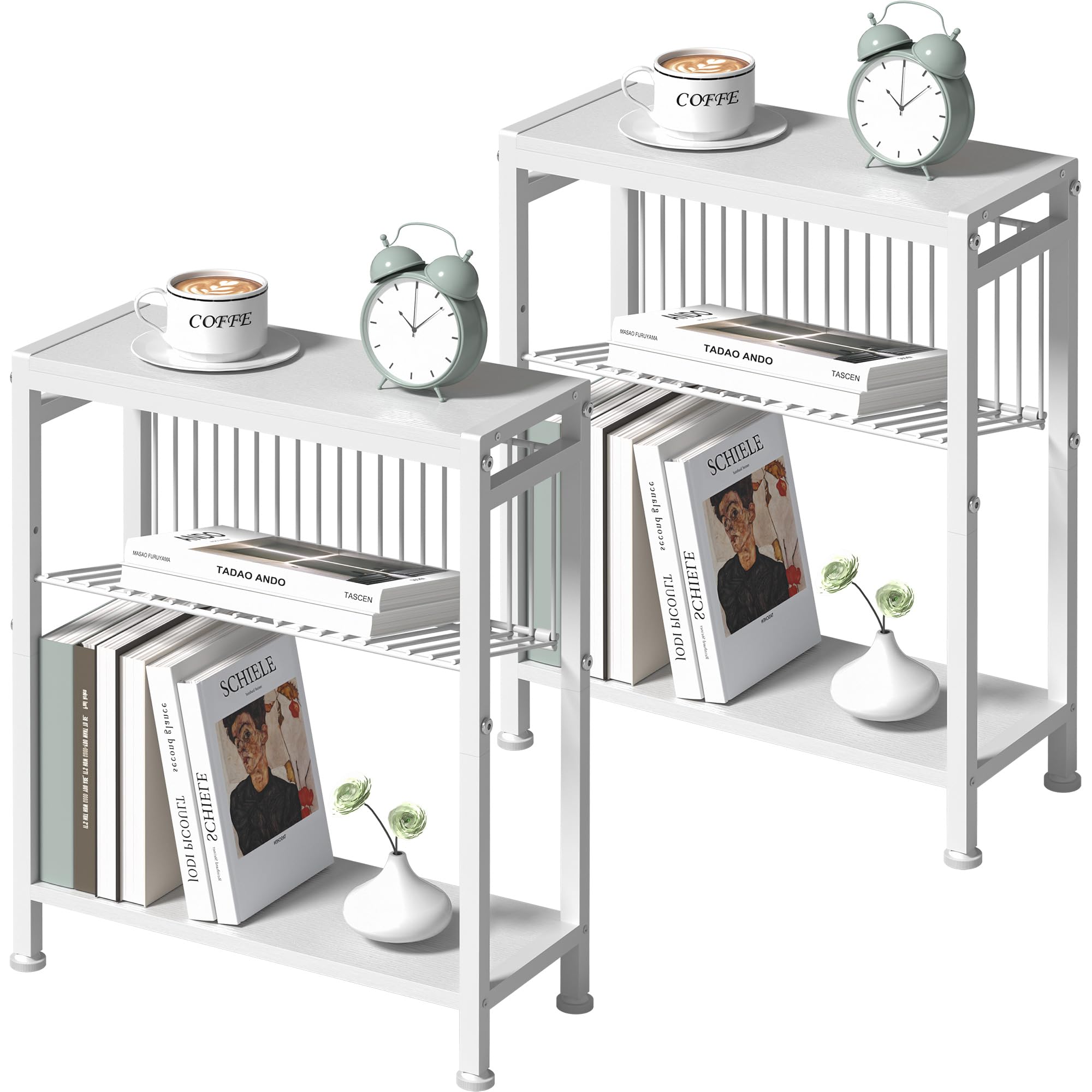 Homedawn End Table Set of 2 for Small Space, 3-Tier Narrow Side Table with Magazine Holder,Small Nightstand, Skinny Snack Couch Table in Living Room,