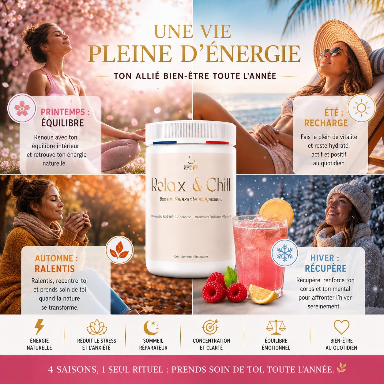 Relax & Chill Boisson Relaxation Anti-Stress/Ashwagandha KSM-66, L theanine, Magnesium Bisglycinate & Vitamine D/Baisse Cortisol & Stress, Améliore Détente et Qualité du Sommeil/Sans Cafeine ni Sucre