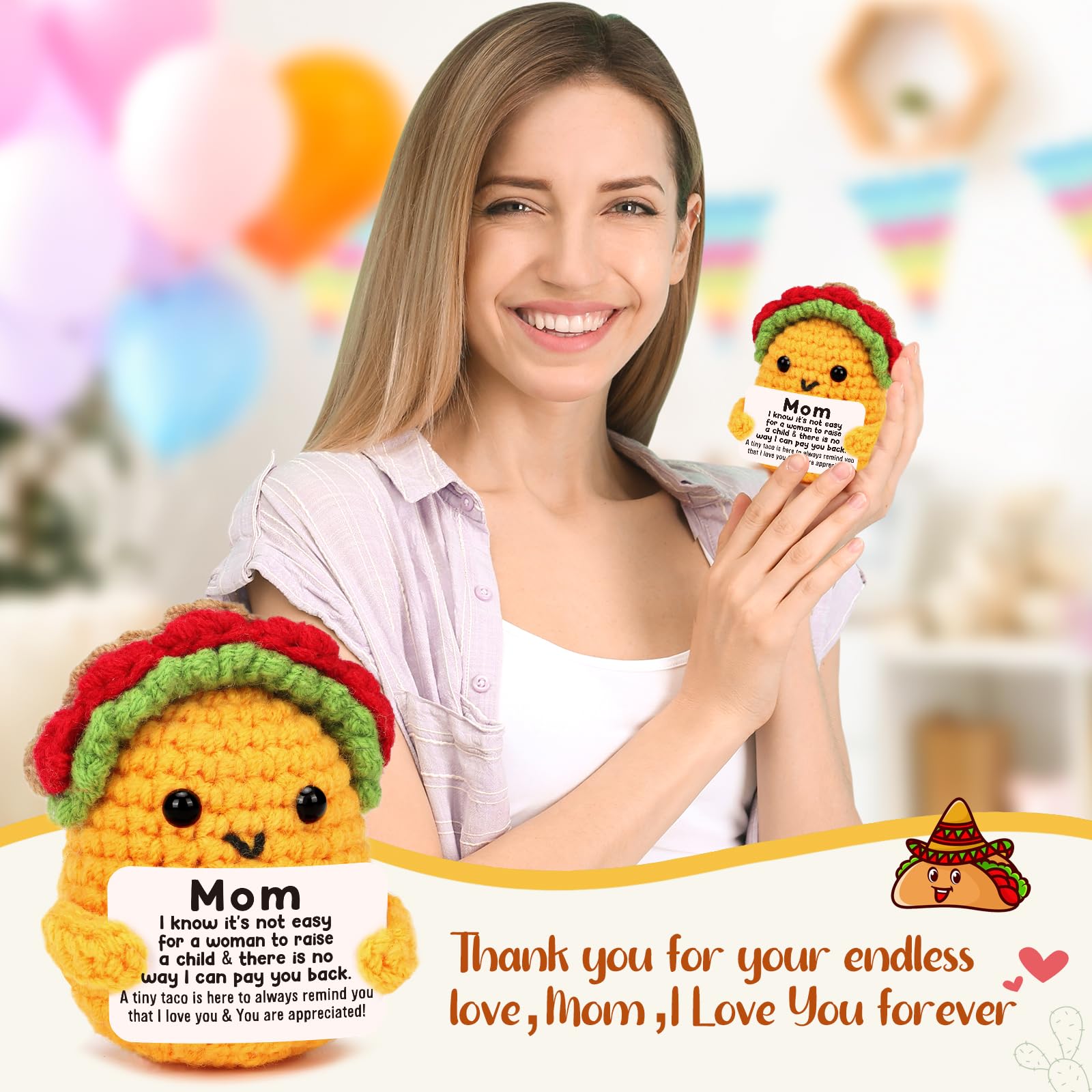 AicooFest Gifts For Mom Mothers Day, Mom Birthday Gifts, From Daughter Son, I Love You Mommy Presents, Unique Emotional Positive Crochet Taco Gifts For Mommy Mother In Law Bonus Step Mother