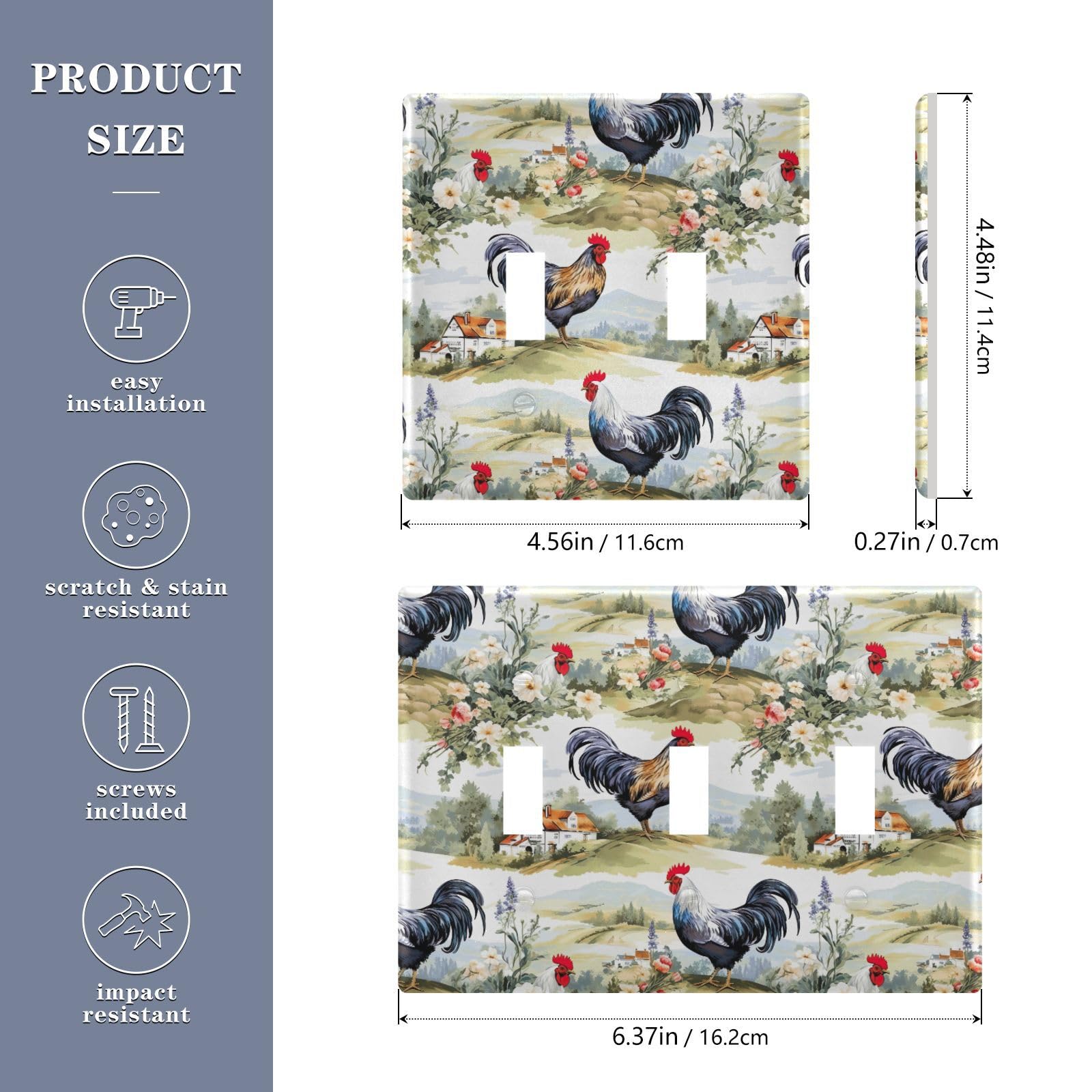 Light Switch Cover Farm Rooster Rural Flower Wall Plates for Electrical Outlets 3 Gang 202a8495