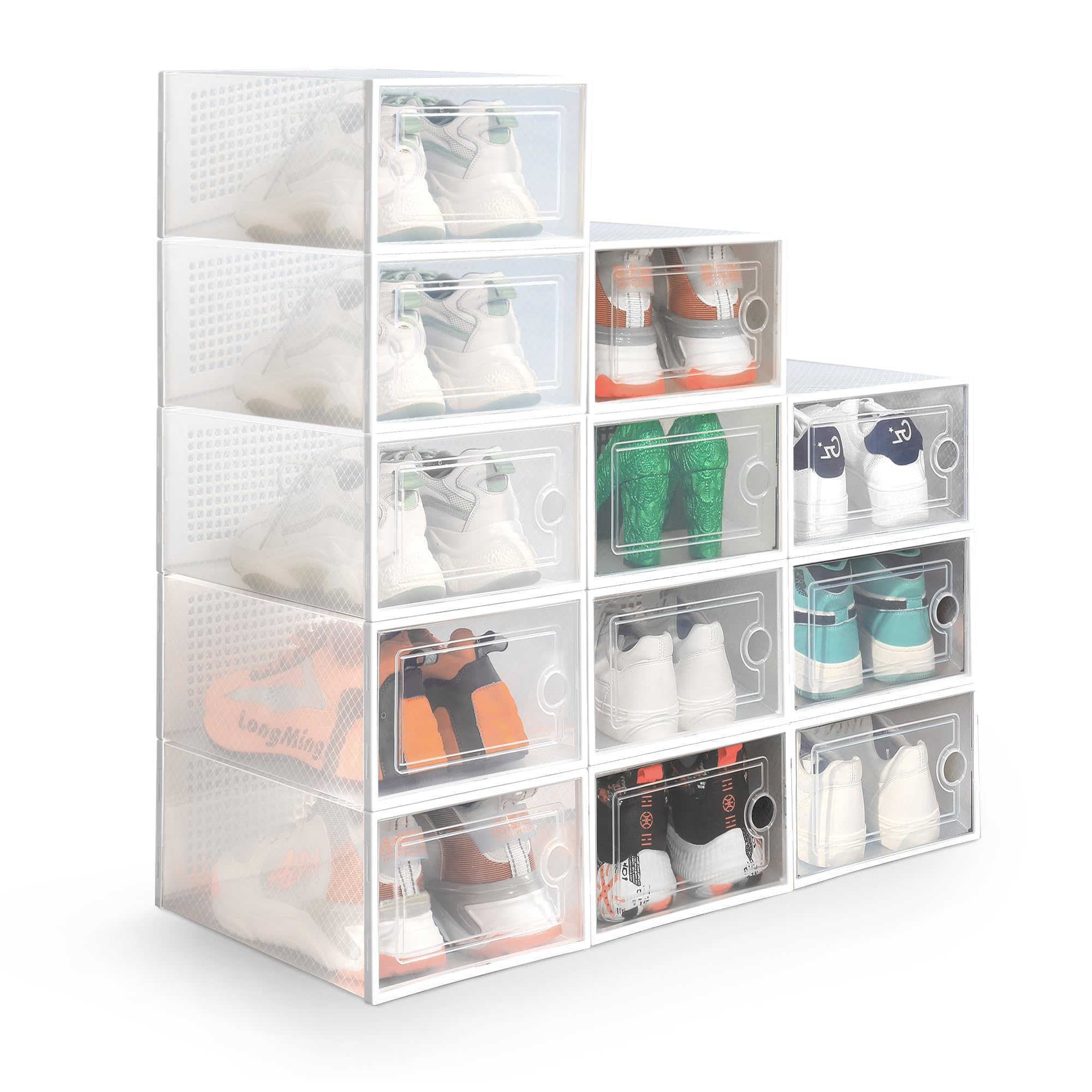KEPLIN Stackable Shoe Storage Boxes - Premium Quality, Durable & Space-Saving Organiser Set for Closet, Wardrobe & Home - Pack of 12 in White (33x23x14.5cm) (White, 12 Pack)