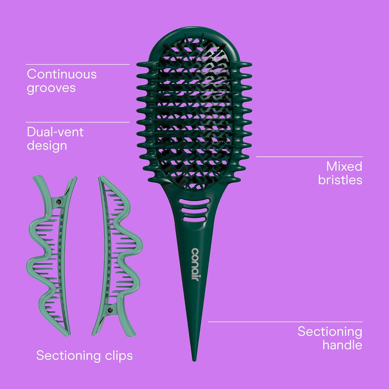 Conair Curl Define Pro Hair Brush for Curly Hairbrush with Sectioning Clips, Dual-Vent Design with Continuous Grooves, Mixed Bristles for Frizz-Free Detangling, Smoothing, and Curl Definition