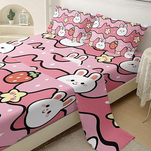 Miniatura 4 de QOOMO Juego de sábanas Kawaii de conejo para niños, tamaño Queen, con bolsillo profundo de 16 pulgadas, estampado de fresa rosa, suave y