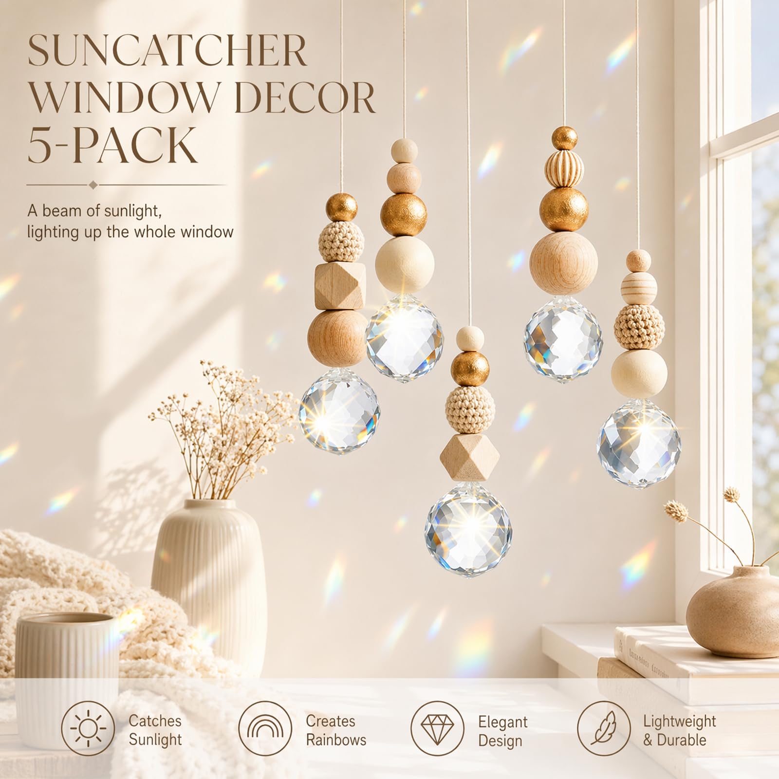 Yuragim Kristall Sonnenfänger Bastelset, 5er Set Suncatcher mit Holz- & Kristallkugel, Skandinavische Wohnraum Dekoanhänger DIY Sonnenfänger Basteln Garten Windspiel Hängedeko Lichtspiel Fenster