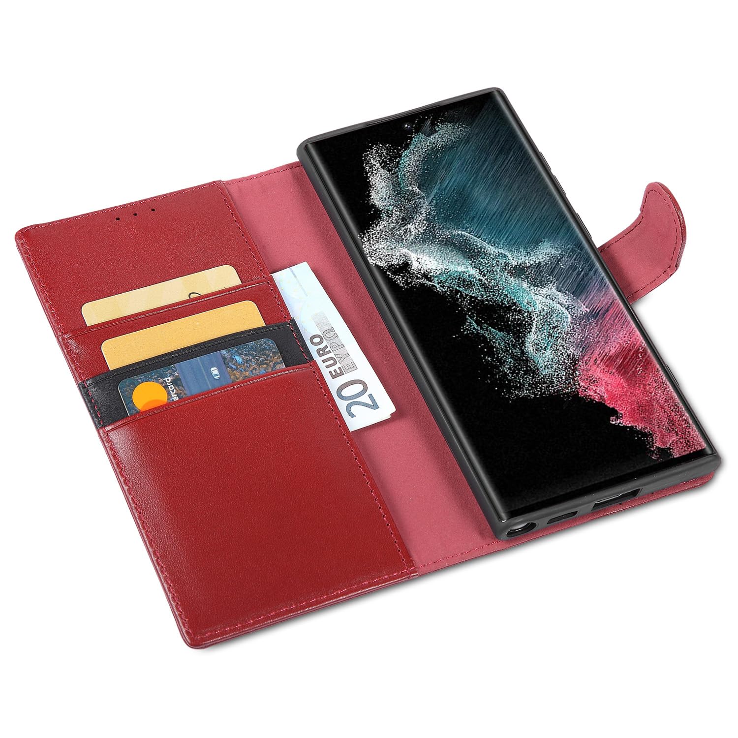 LENSUN Funda Samsung Galaxy S22 Ultra 5G, Carcasa Cuero Genuino [Bloqueo RFID] Tapa Cierre Magnetico y Ranuras para Tarjetas Cartera Libro Protección para Samsung S22 Ultra 5G-Rojo Vino
