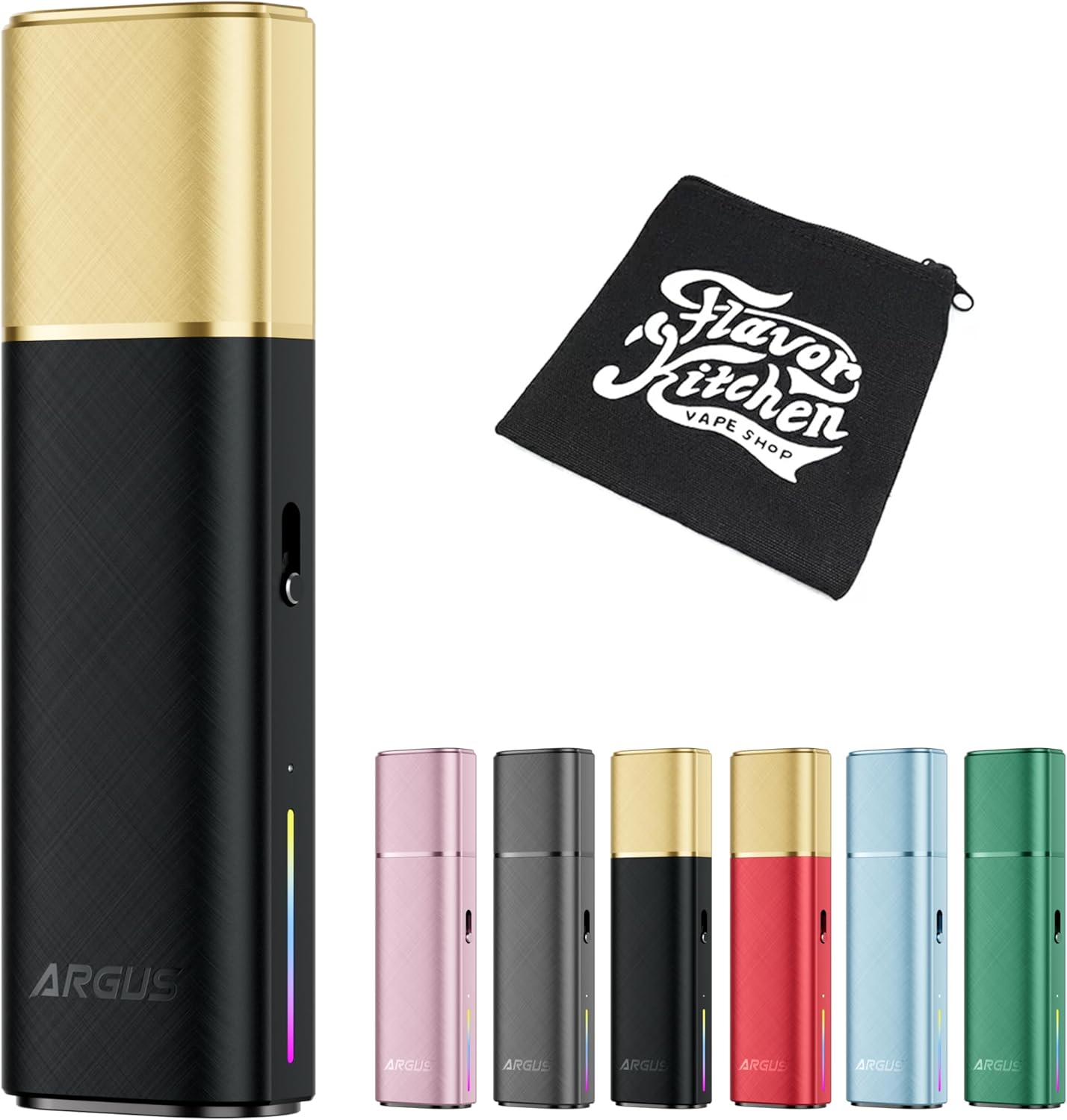 VOOPOO ARGUS Klyc-enhed i sort og guld, vist sammen med et FlavorKitchen mini-etui og andre tilgængelige farvevarianter.