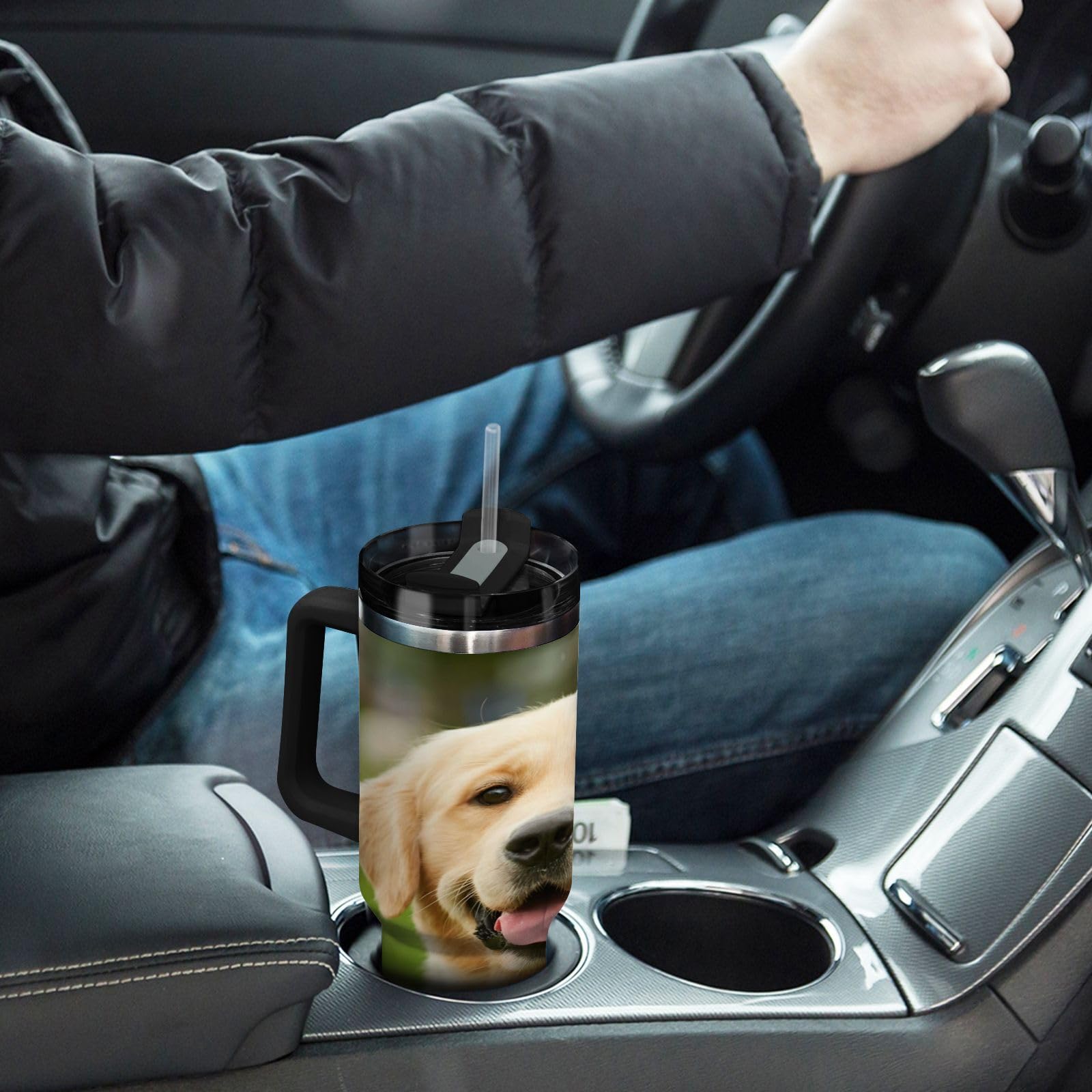 Isolierter Trinkbecher, niedlicher Golden Retriever-Hund, doppelwandig, Edelstahl, Wasserflasche, Kaffeetasse, Reisebecher mit Griff, Strohhalm-Deckel
