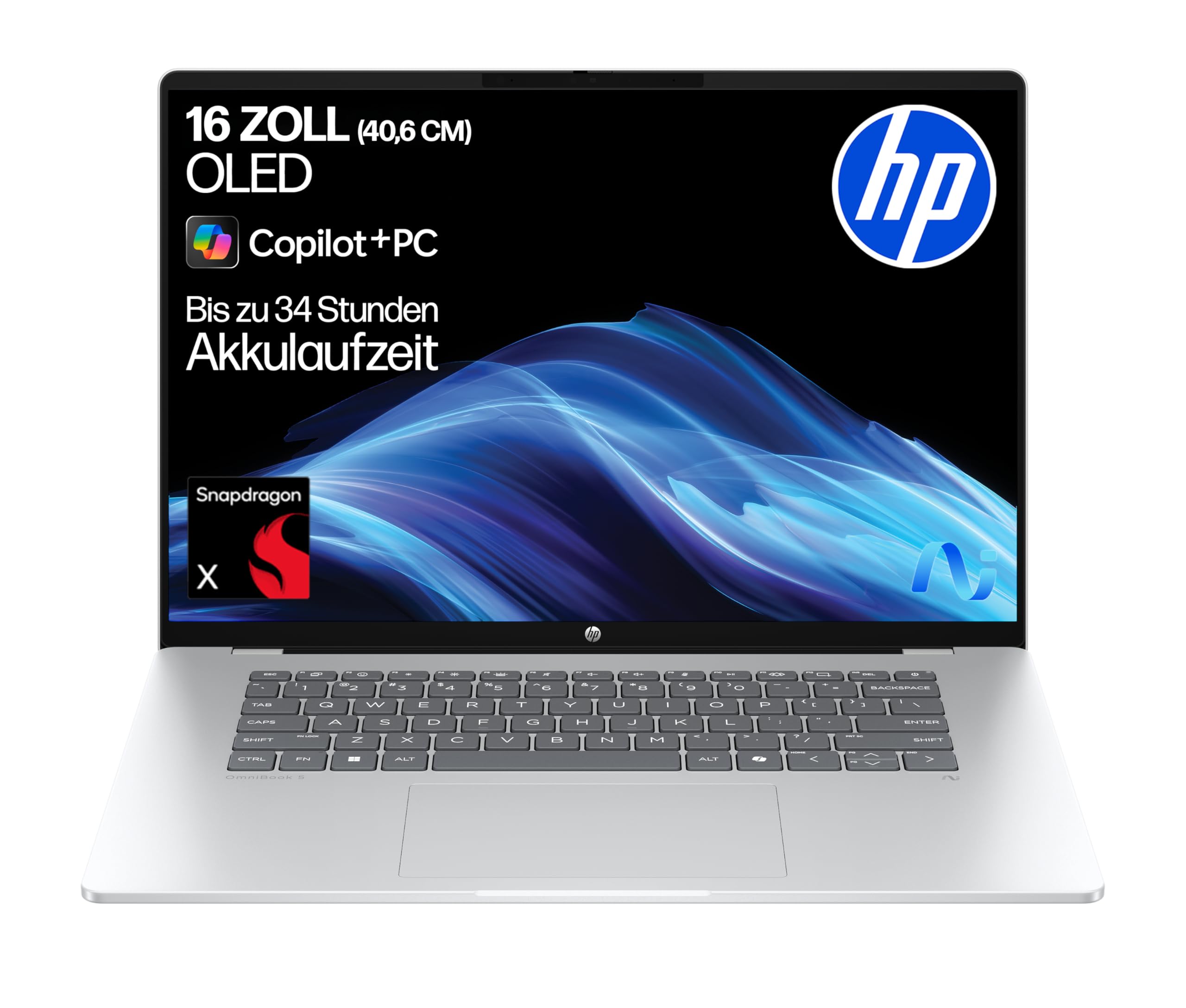 HP OmniBook 5 Next Gen AI Laptop PC, 16 Zoll 2K OLED Touch, Snapdragon X1-26-100 Prozessor (45 NPU-Tops), 16 GB LPDDR5x RAM, 512 GB PCIe SSD, Qualcomm Adreno GPU, Windows 11 Home, QWERTZ, Silber