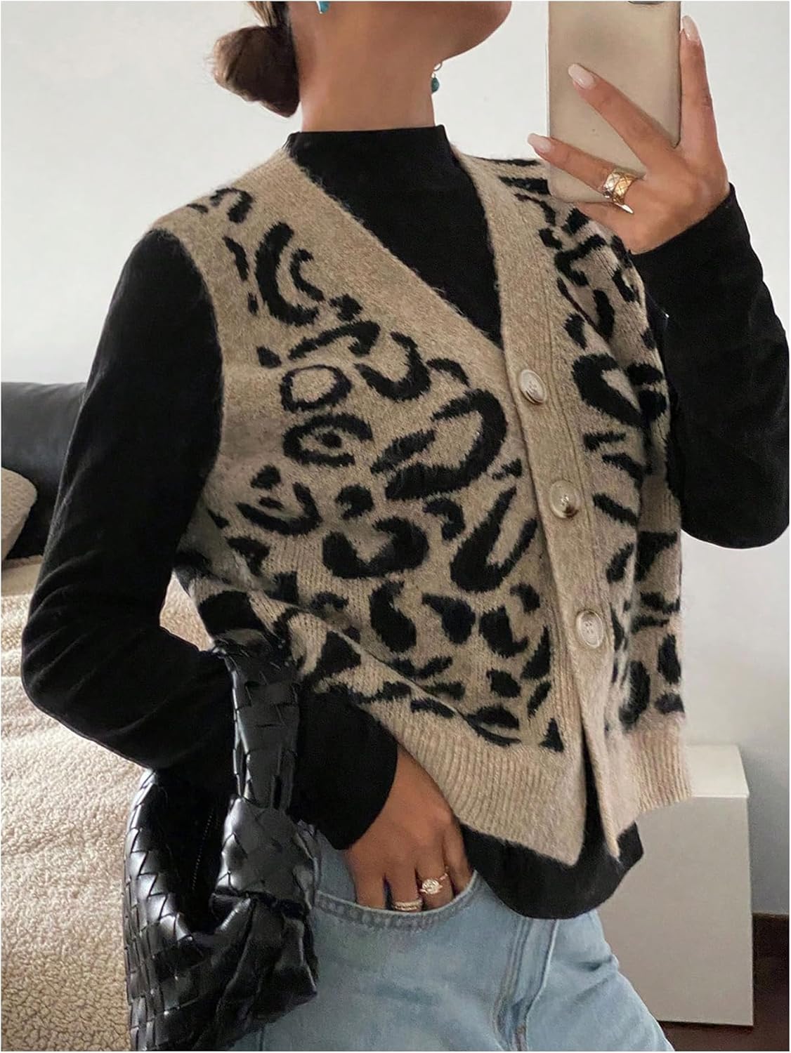 GORGLITTER Women's Leopard Button Up Sweater Vest Cheetah Print Sleeveless Office Knit Trendy Vests Top - Image 3