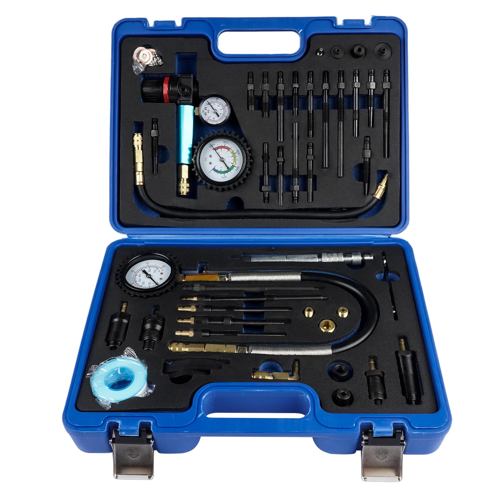 Probador de Compresión Probador de Pérdida de Presión para Motores de Gasolina y Diesel Motores de Autos y Camiones, con 34 Adaptadores Diferentes, 725 PSI - Estuche Exterior Azul