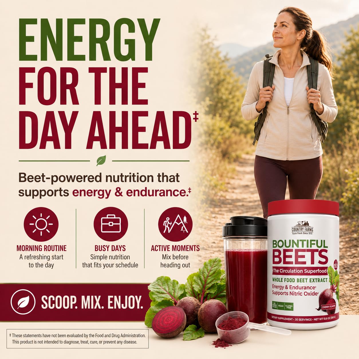 Country Farms Bountiful Beets, Wholefood Beet Extract Superfood, Helps Support Healthy Circulation and Promote Energy, Nitric Oxide Boost, Cherry Flavor, 30 Servings — Amazon image 5