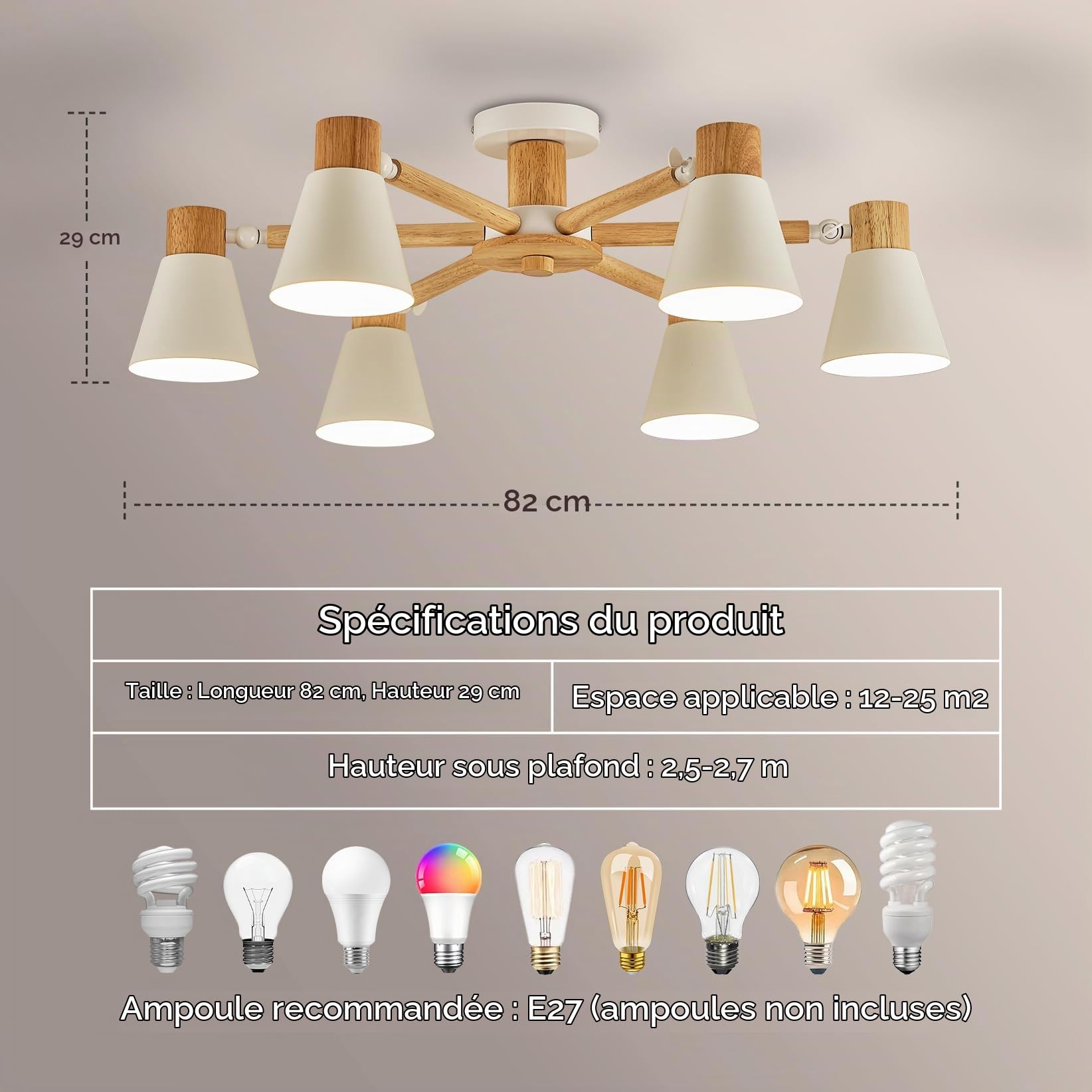 YOODI Plafonnier Moderne, 6-Lumières Lampe Plafond, Suspension, Blanc Lustre en Métal et Bois Massif E27 Base Max 40W Lampe de Plafond pour Salon, Chambre, Cuisine (Ampoule non incluse)