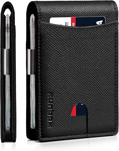 RUNBOX Billeteras delgadas con clip para dinero para hombre, bloqueo RFID, 11 tarjetero, minimalista, pequeña, de cuero, plegable, con bolsillo