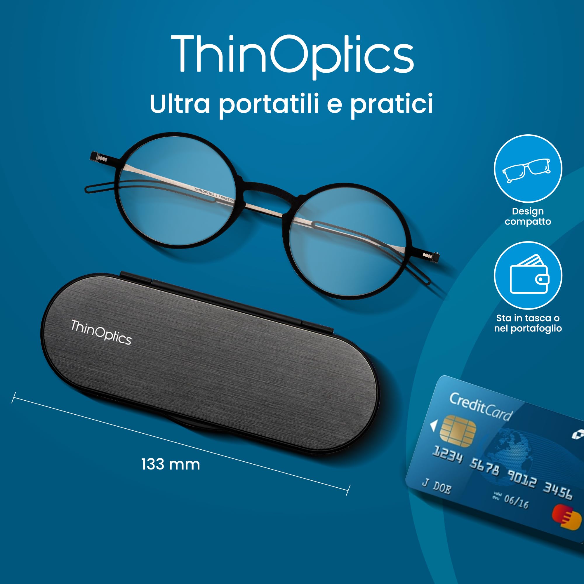 ThinOptics Occhiali da Lettura Manhattan 2.50, Marrone, Custodia Milano | Occhiali da lettura per uomo e donna, gradazione 2,50 diottrie, custodia magnetica in alluminio anodizzato, senza stanghette
