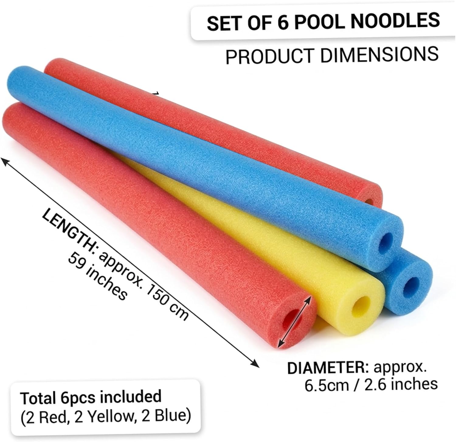 6-Pack Jumbo Pool Noodles, 59-Inch EPE Foam Swim Noodles for Kids, Strong Buoyancy & Soft Float for Pool, Beach, Water Play (Red, Yellow, Blue) Foam Noodle