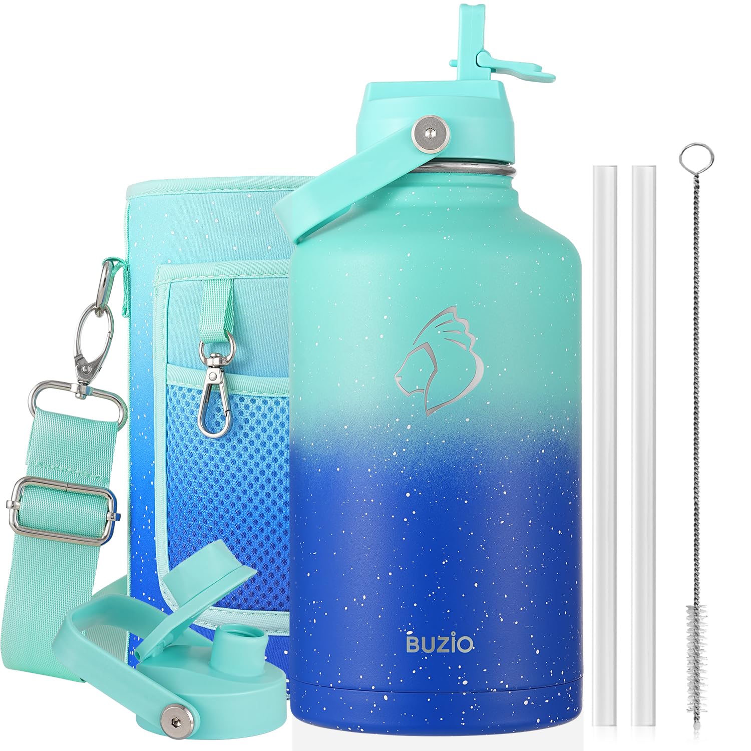 BUZIO 64 oz Insulated Stainless Steel Water Bottle with Dust-proof Lids | Half Gallon Water Jug (Dishwasher Safe), Cold for 48 Hrs, Triple Wall with Copper Plating, for Gym, Hiking, Camping 64 Ounces Starry Gradient Blue
