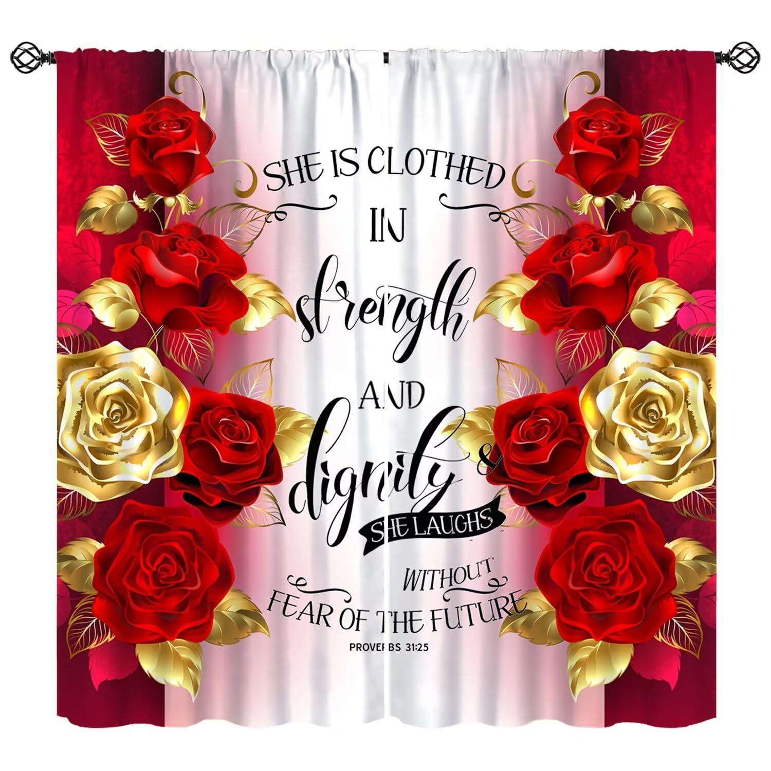 Moderw Red Gold Rose Curtains, Vintage Romantic Floral Christian Window Treatments for Bedroom Women Scripture Quotes Bible Verse Blackout Drapes for Living Room Kitchen W42xL54in