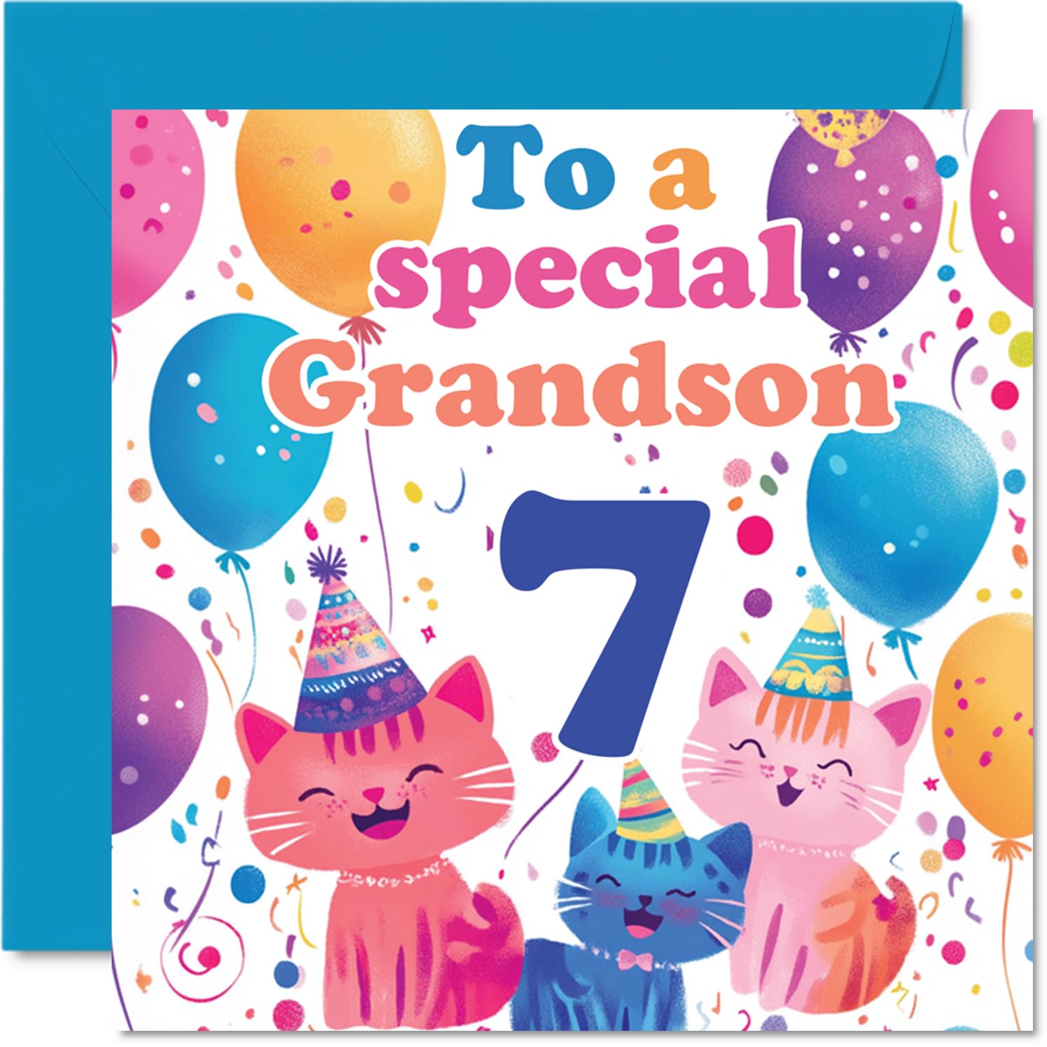 7th Grandson Birthday Card - Cute Cats Special Grandson - Happy 7th Birthday Card from Nanny Grandma Grandad, 145mm Age 7 Greeting Cards