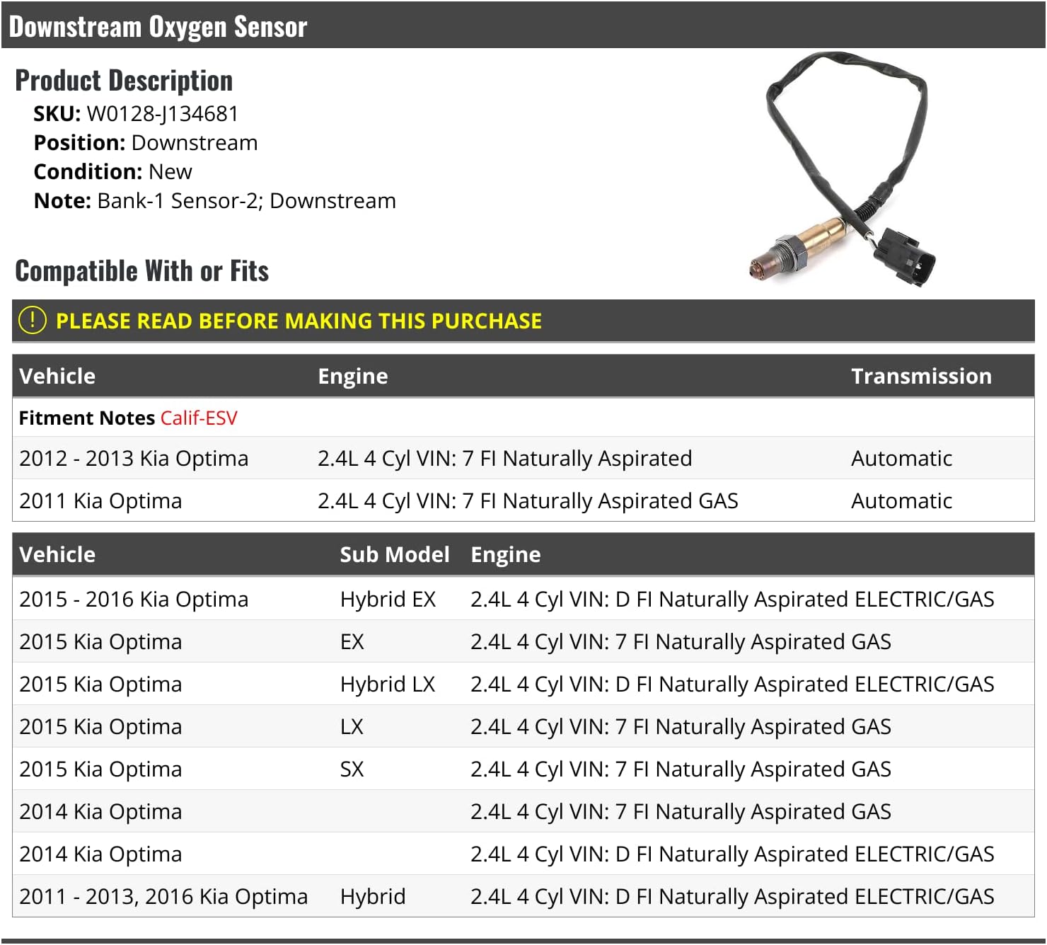 Marketplace Auto Parts - Downstream Oxygen Sensor - Compatible with 2011-2016 Kia Optima