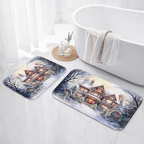 Juego de 2 tapetes de baño de Navidad, diseño de acuarela para casa y árbol de Navidad, cubierta lavable, tapetes para decoración de baño, 16 x 24 y