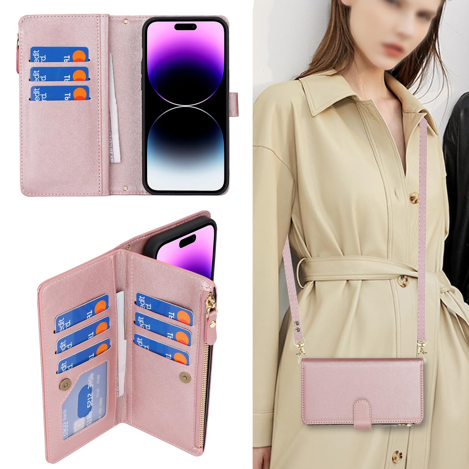 ELEHOLD For Apple IPhone 15 Pro Max Zipper Pocket Case, Flip PU Leather Wallet Crossbody Shoulder Strap Lanyard Case With Credit Card Holder Women Rfid Blockin