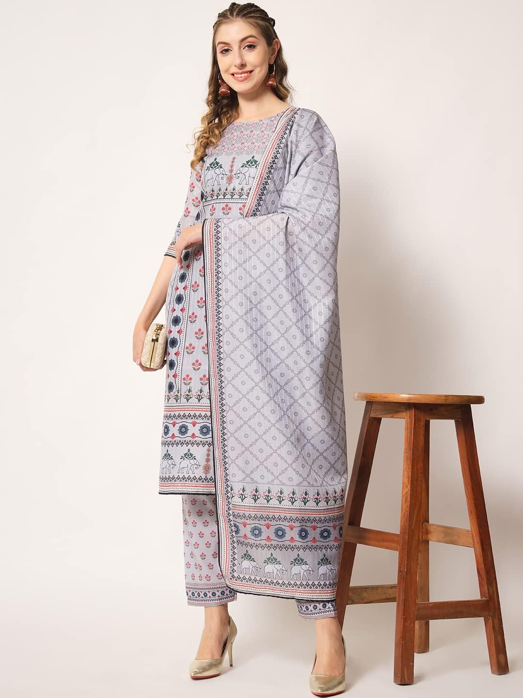kurta set for women with dupatta indian style party wear Printed Straight Kurti With Trousers