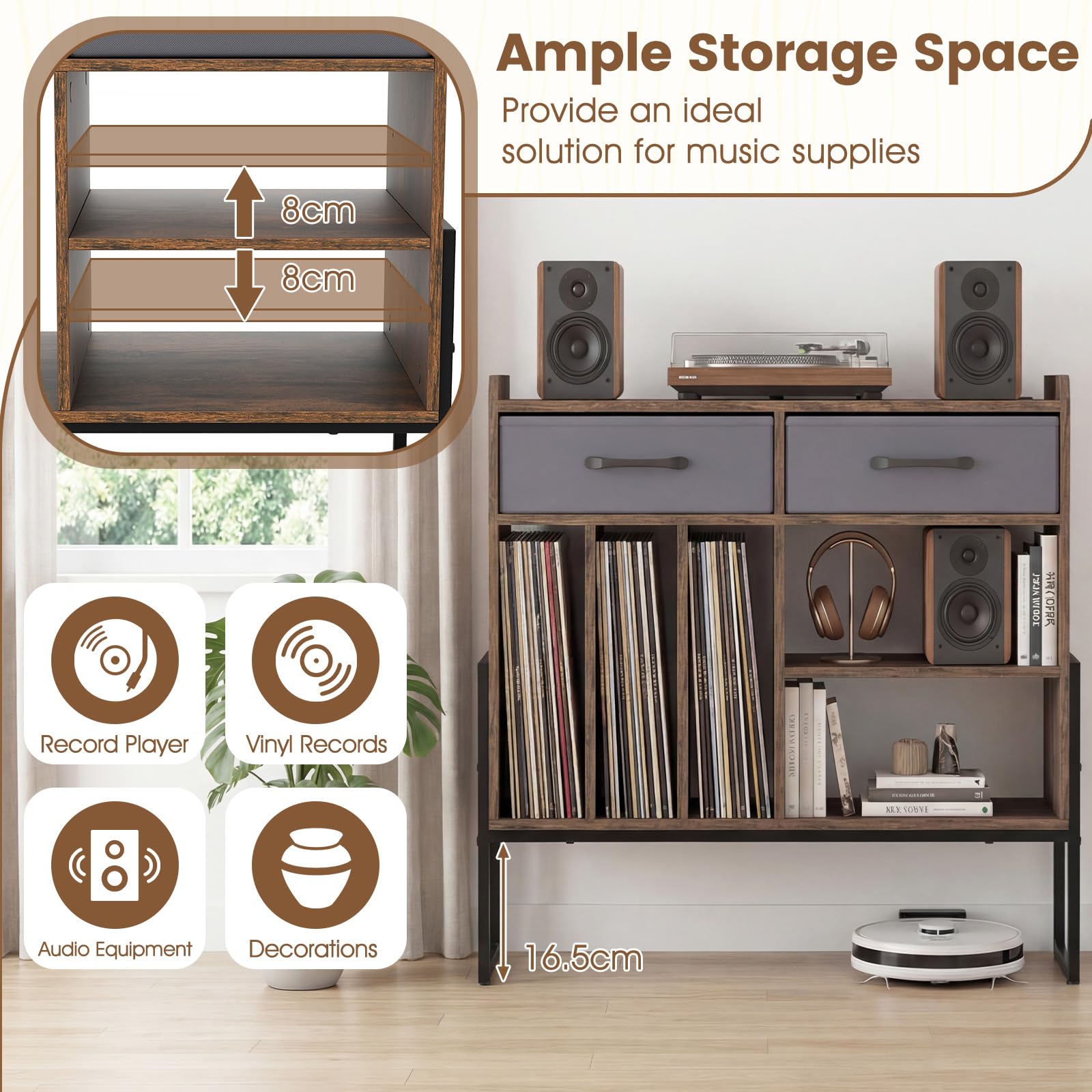COSTWAY Meuble Platine Vinyle avec Prise, Rangement Platine Vinyle 3 Compartiments, 2 Tiroirs, Pieds Surélevés, Étagère Ajustable, Support Tourne-Disque pour CD DVD, Meuble HiFi pour Salon, Chambre