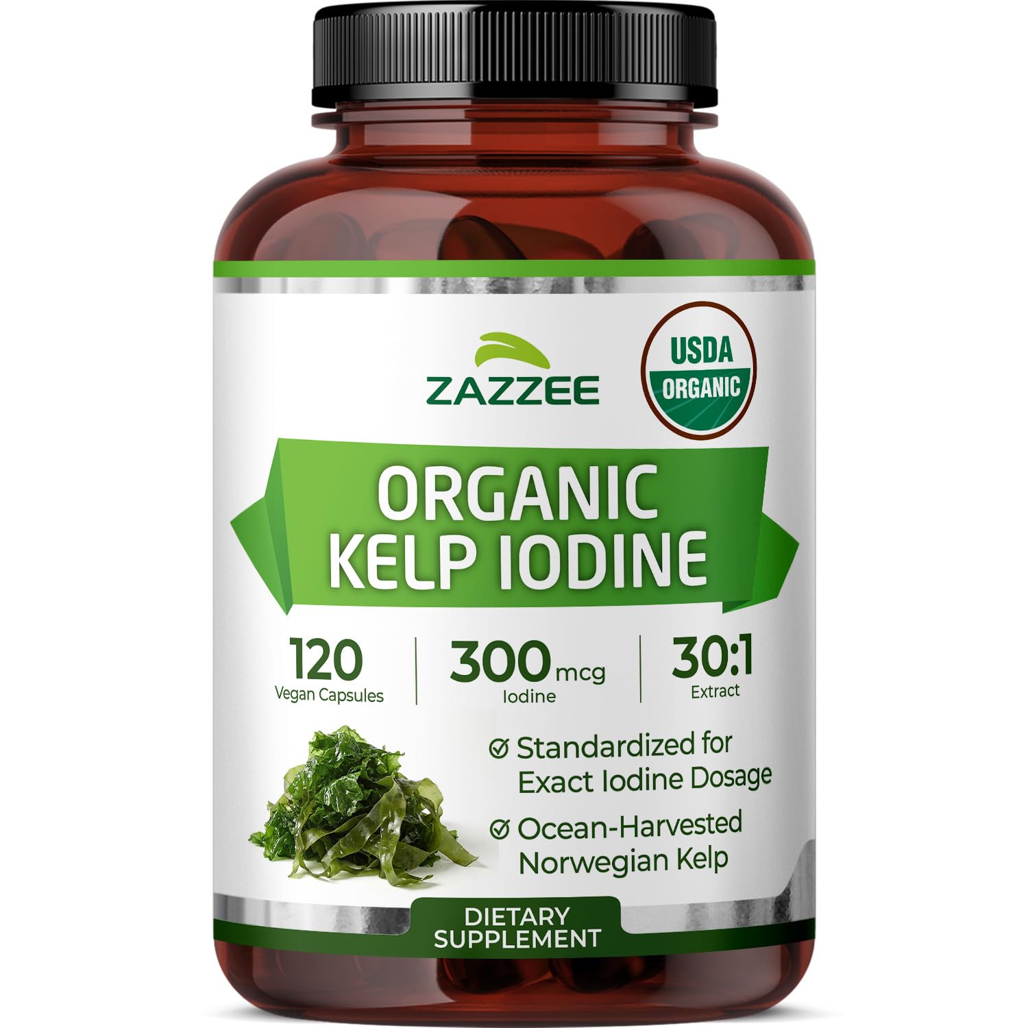 Zazzee USDA Organic Kelp Iodine 30:1 Extract, 300 mcg per Capsule, Vegan