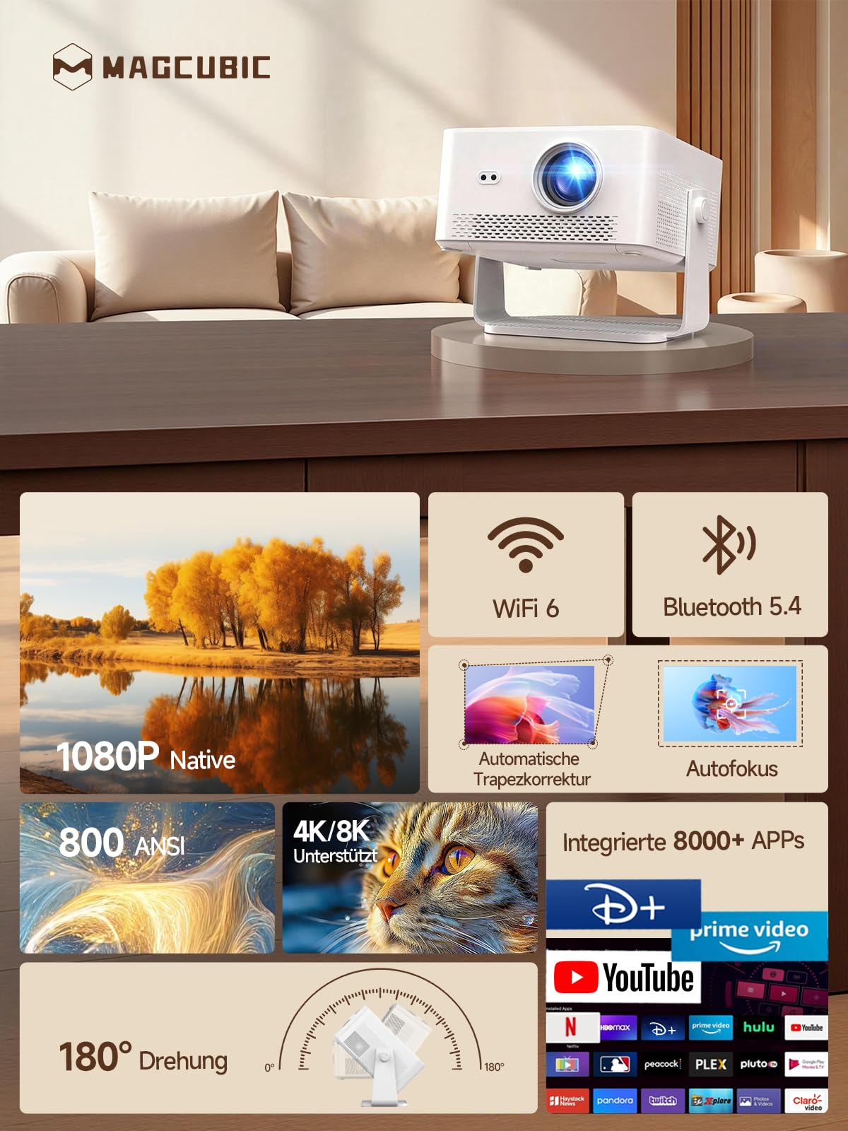 Magcubic Smart Beamer 4K mit Android 14, Native 1080P Projektor 800 ANSI, WLAN 6 & Bluetooth, Autofokus, Automatische Trapezkorrektur, 180° Drehbar