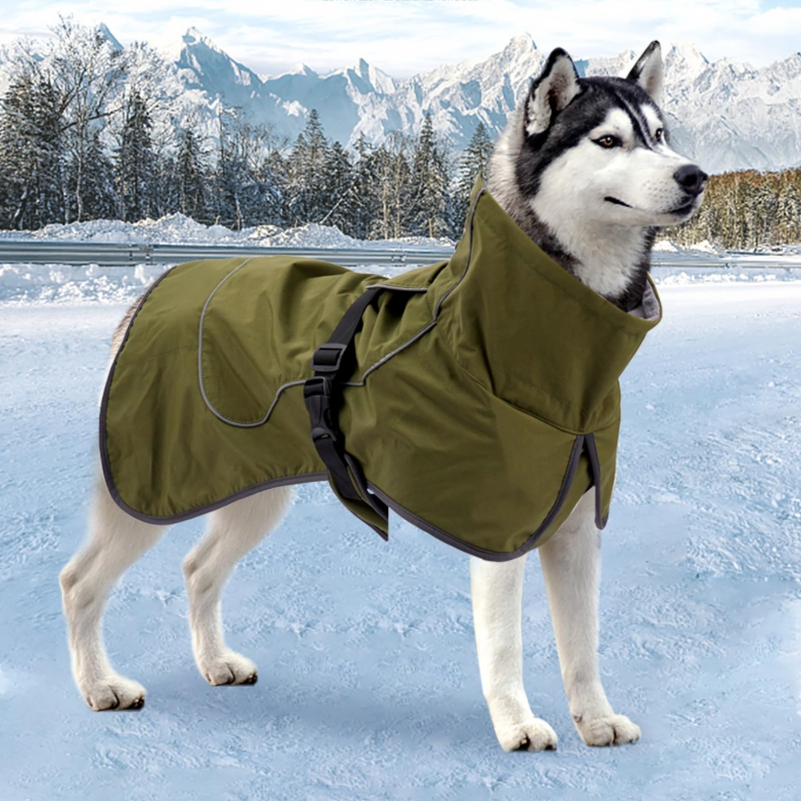 Schneeanzug Hund, Hundemantel, wasserdichte Hundejacke ， Fleecefutter, Reflektierendem und Pelzkragen zum Wandern, Outdoor, für Mittelgroße und Große Hunde (XXL,Armeegrün)