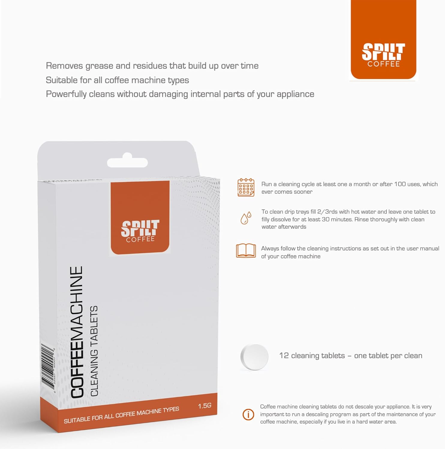 Coffee Machine Cleaning Tablets | 12 X 1.5 gram tablets | Powerfully cleans and degreases | Suitable for all coffee machine types | Improves appliance performance and the taste of your coffee 4 710V22MXHyL. AC SL1500