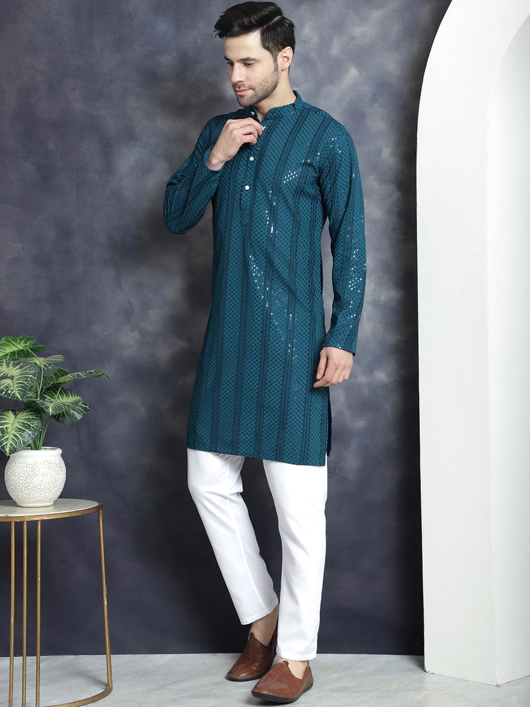 Jompers Men's Peacock Sequins Chikankari Embroidered Kurta With Pyjama. (Peacock, Xl)