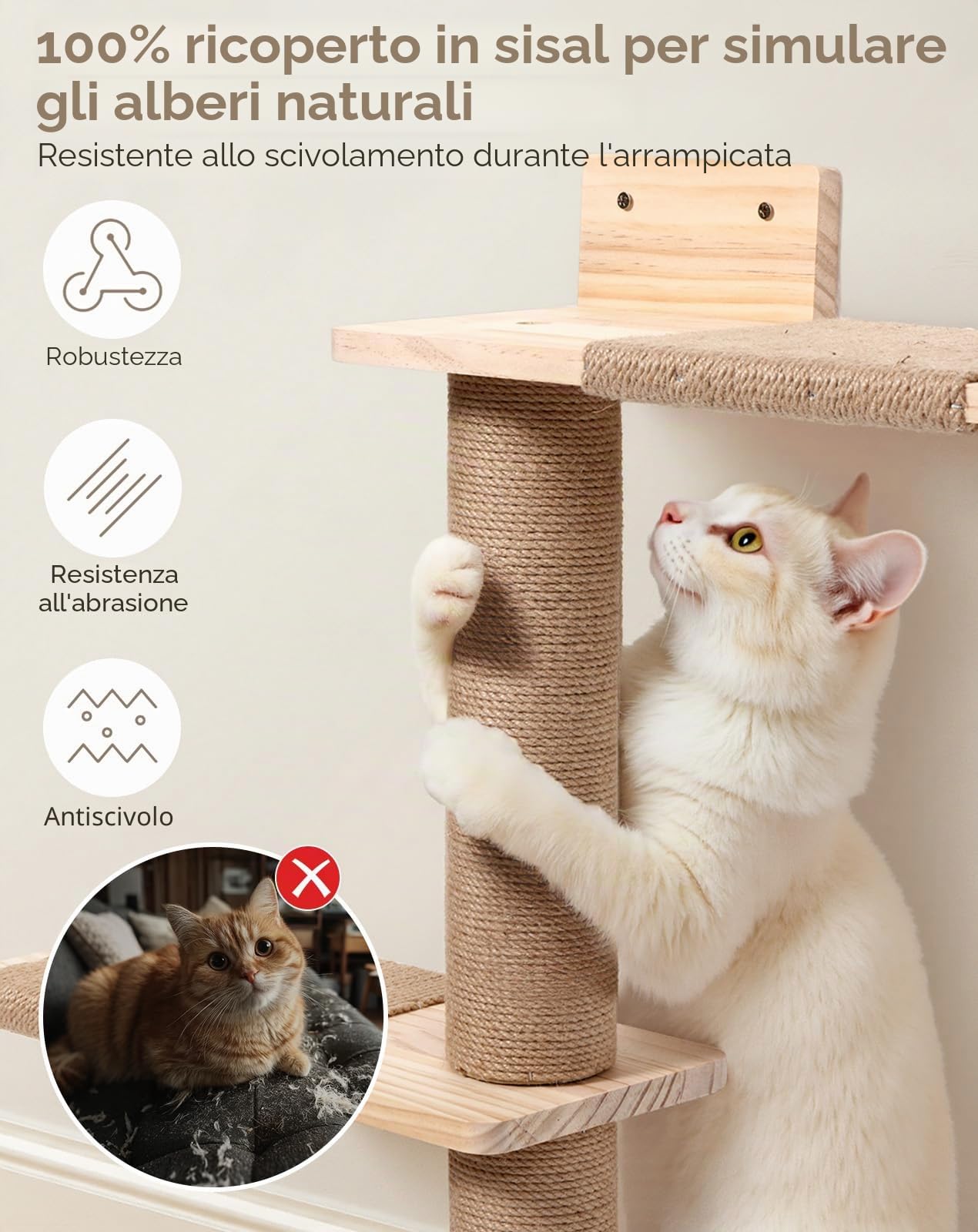 PawGiant Tiragraffi da parete a 5 ripiani altezza 213 cm con tiragraffi in sisal e piattaforme, parete da arrampicata in legno per gatti di piccole e medie dimensioni