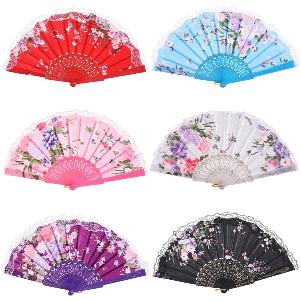 Hrippy 6pcs Floral Fabric Folding Fan, Printed Handheld Decor Fans for Line Dance Wedding Church Party Activities