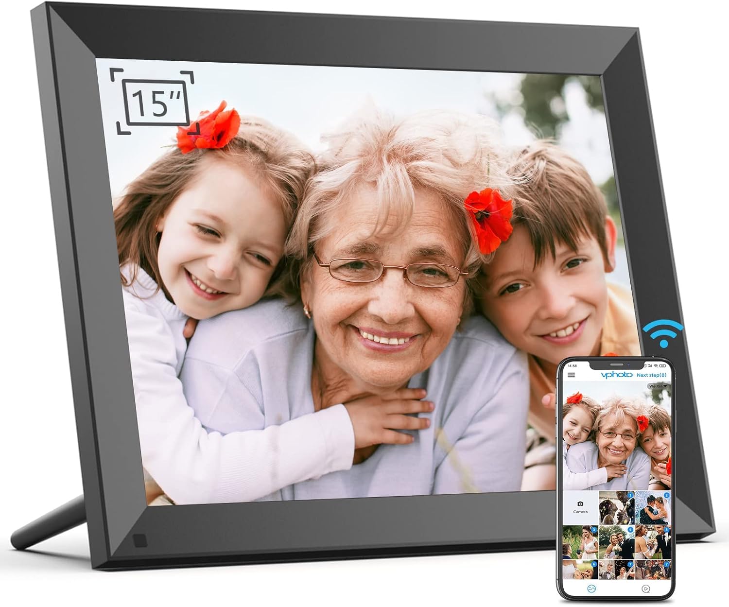 Cadre Photo numérique 15" Wi-FI, 32 Go, écran Tactile, Rotation Automatique