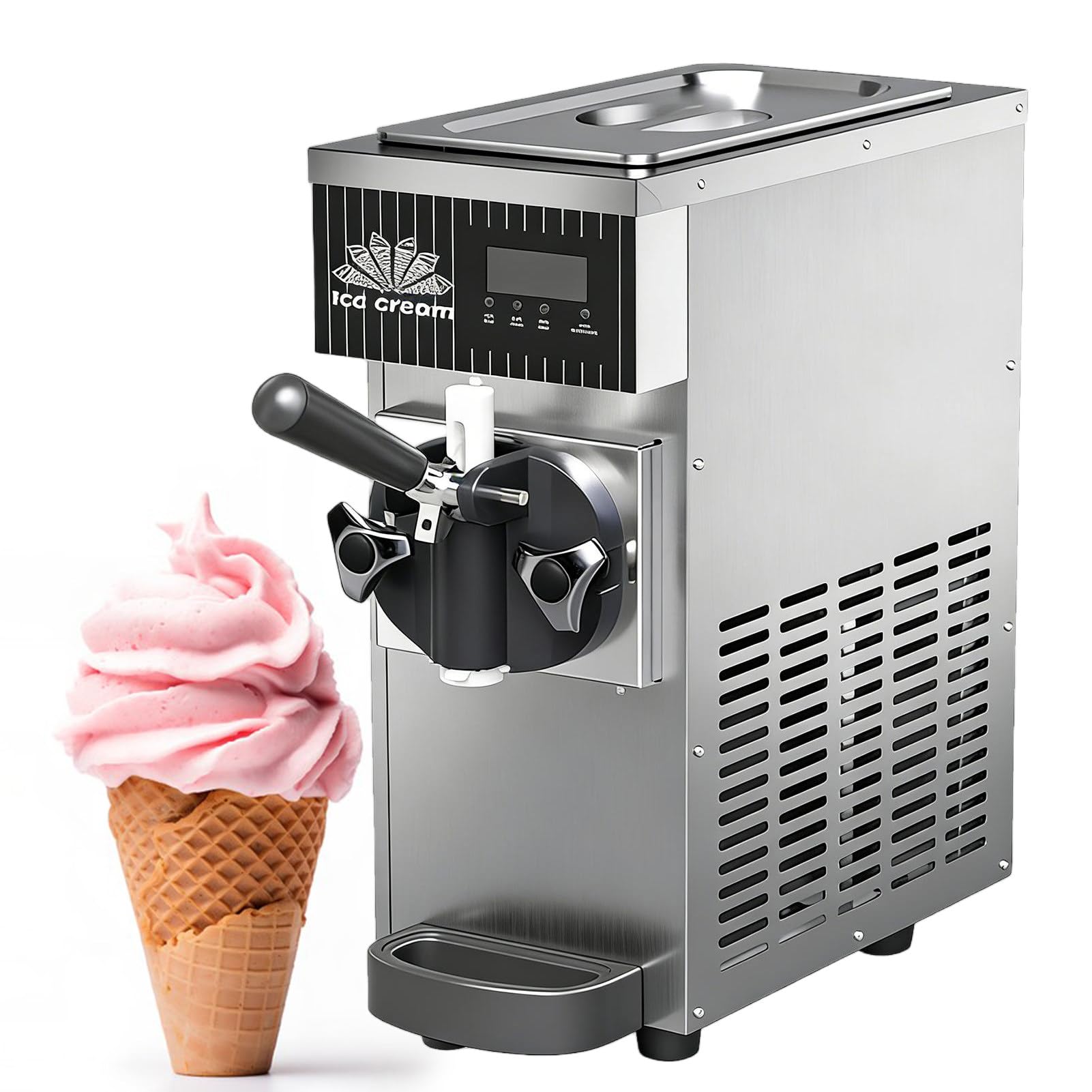 ROGHA Single Flavor Commercial Ice Cream Machine, Commercial Soft Serve Ice Cream Maker, LCD Panel Auto Clean Pre-Cooling, Countertop Dessert Maker for Restaurants and Shops​ Silver