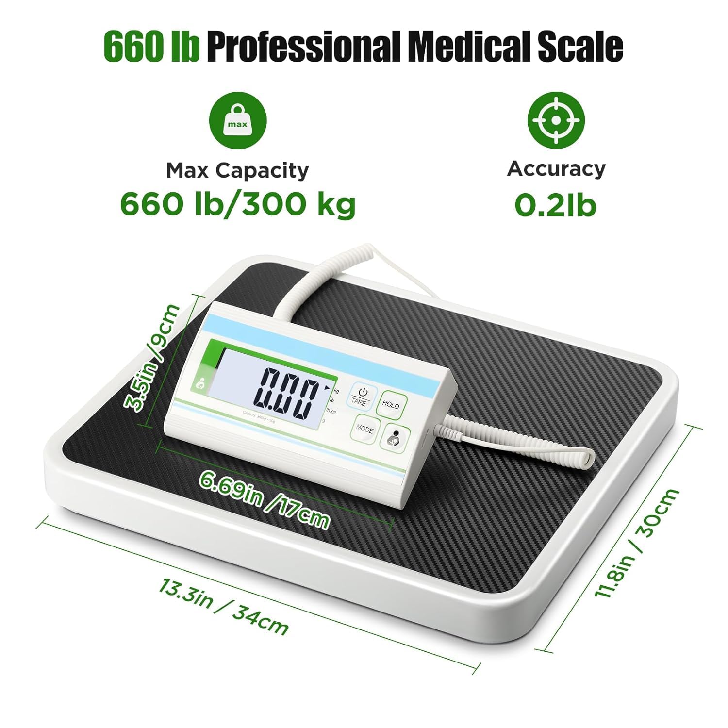 Medizinische Personenwaage 300 kg – Digitale Waage mit leicht ablesbarem Display, 34x30 cm große Plattform, für Krankenhaus, Praxis, Fitnessstudio und Haushalt