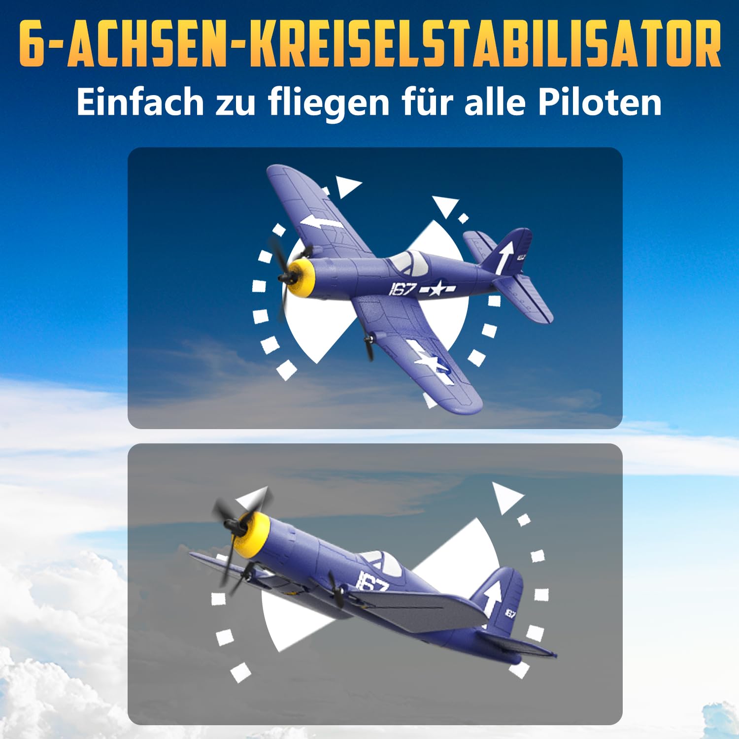 HAWK'S WORK 3-Kanal RC-Flugzeug F4U Corsair, Ferngesteuerter Warbird, Flugfertig, 2.4GHz 6-Achsen Gyro-Stabilisator, Einfach zu Fliegen für Kinder und Anfänger