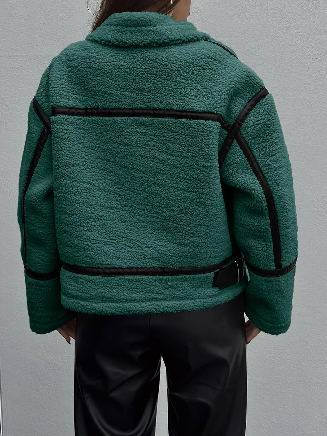 Tankaneo Womens Faux Fur Jackets Winter Trendy Sherpa Moto Leather Patchwork Zip Up Coat - Image 4