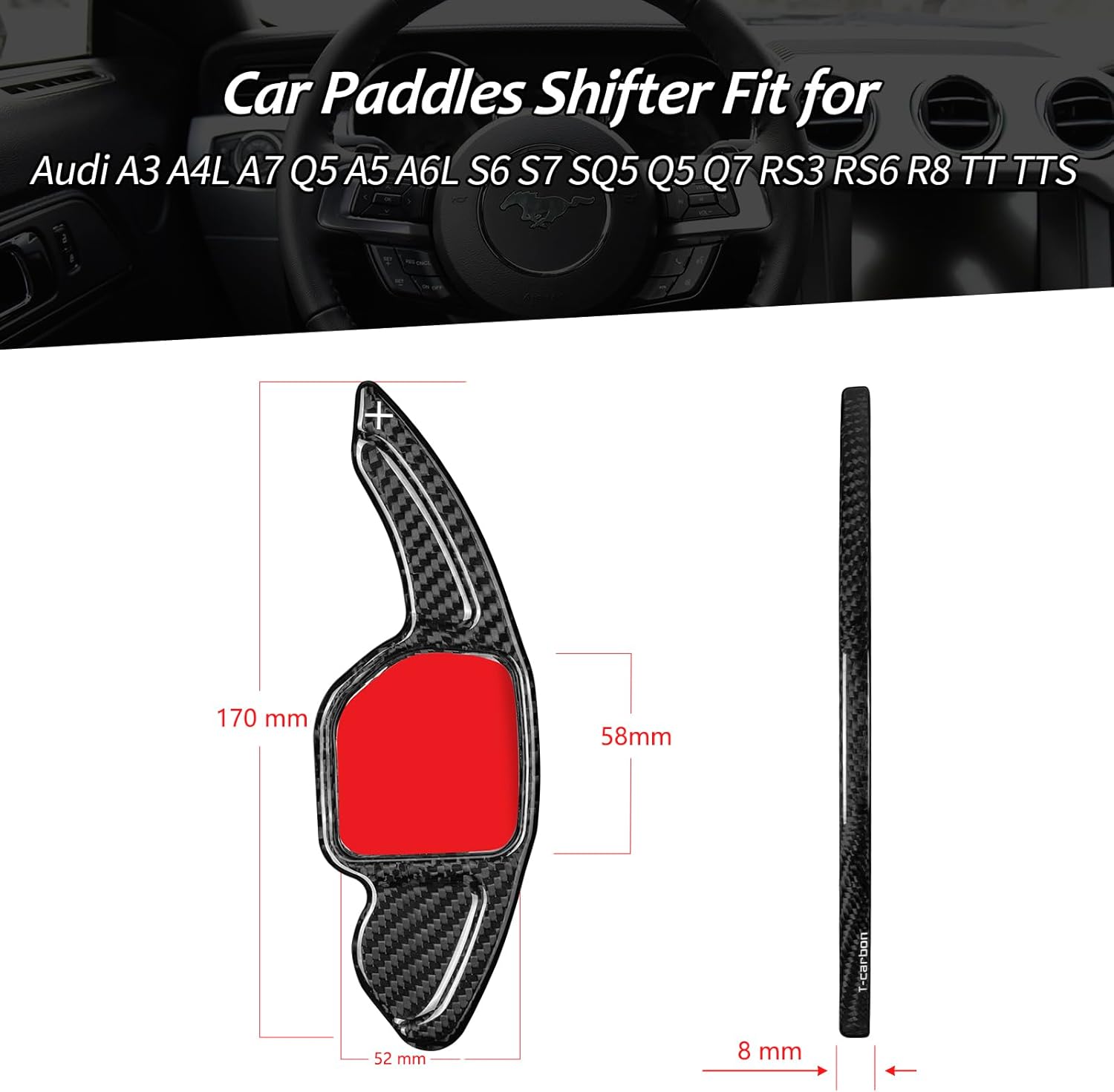 T-carbon Real Carbon Fiber Steering Wheel Paddle Shifter Extensions Fit For Audi A3 A4L A7 Q5 A5 A6L S6 S7 SQ5 Q5 Q7 RS3 RS6 R8 TT TTS Gear Shifter Extension Sport Shift Paddles Accessories(Black)