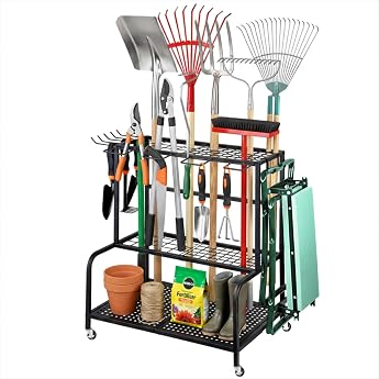 Garden Tool Stand 61 x 41 x 66 cm Tool Holder Organiser with 78 Storage Compartments Garden Tool Storage Rack with 11 Hooks and 360  Swivel Wheels Metal Garden Tool Holder Black