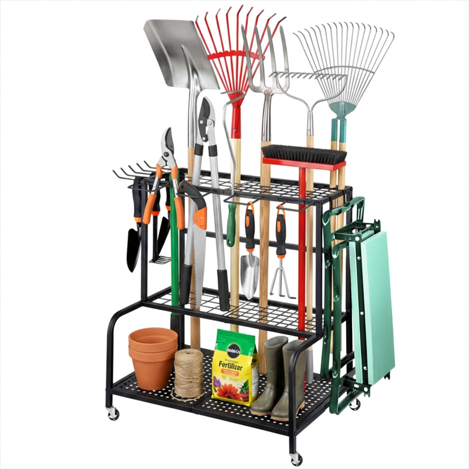 Gartengeräte Ständer 61X41X66cm Gerätehalter Organizer mit 78 Ablagefächern, Gartengeräteaufbewahrungsregal mit 11 Haken und 360° Schwenkbaren Rädern, Metall Gartenwerkzeug Halter Schwarz